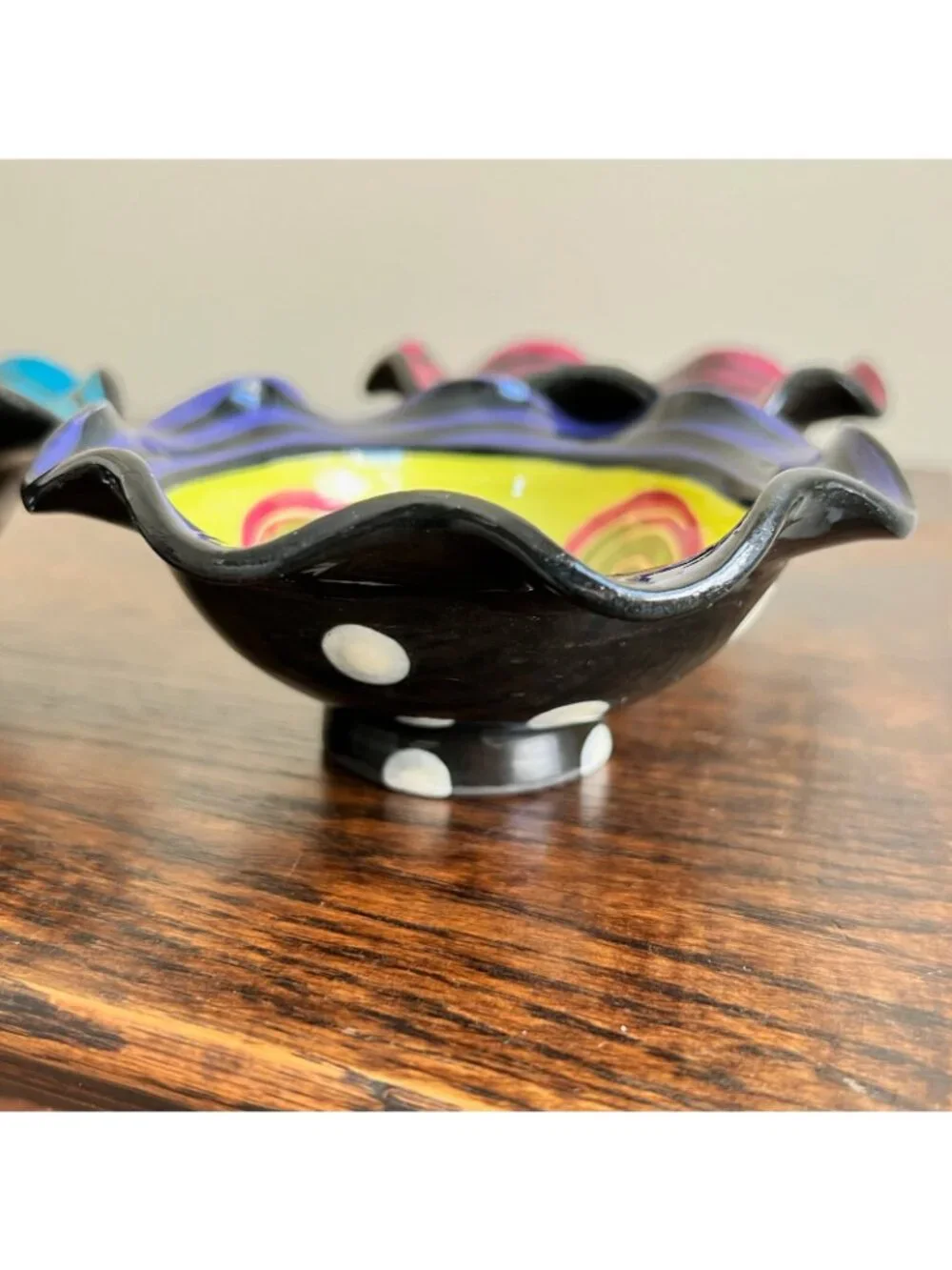 Set of 3 Small Handmade Art Pottery Bowls Ruffled Colorful 4.75